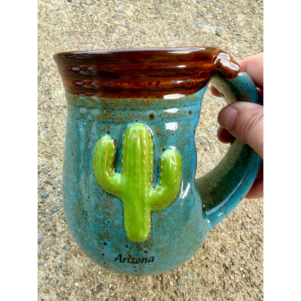 Cape Shore Arizona Souvenir Mug Turquoise Blue Brown Glaze 3D Saguaro Cactus Mug - Picture 3 of 8